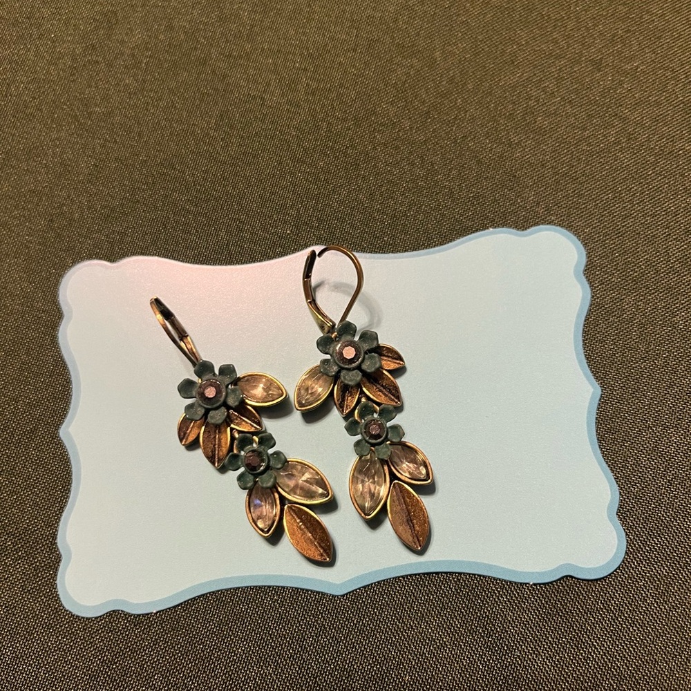 Vintage Blue Floral Drop Earrings in Gold Tone with Light Green CZ Leaf Accents
